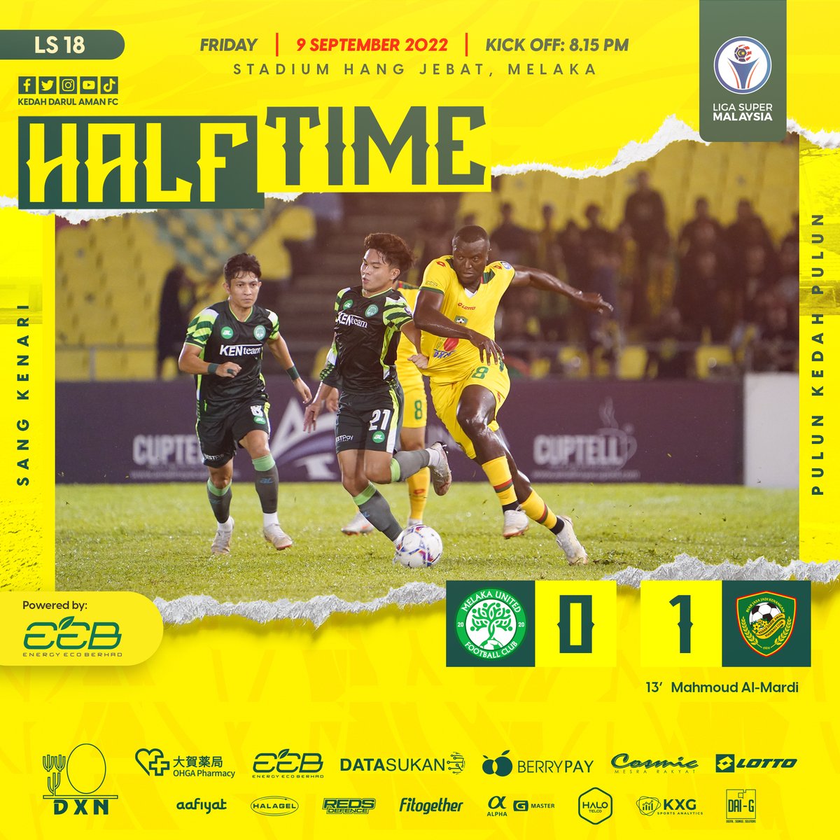 kda_fc's tweet photo. ⚔ HALF TIME ⚔

Sang Kenari mendahului 1 gol.

HT | MELAKA UNITED FC 0 - 1 KDA FC

⚽ 13' Mahmoud Al-Mardi

#KDAFC #PulunKedahPulun #SangKenari #BiarJasaJadiKenangan #2022season #LS18 #MLUKDA https://t.co/sgXAUgHAwr