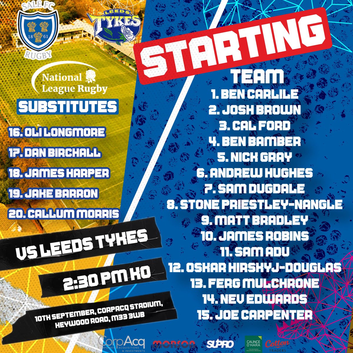 Following guidance from the RFU our game tomorrow against <a href="/leedstykes/">Leeds Tykes RUFC</a> is on

Team News…

🔵Barron and Morris return to the squad after long term injuries
⚪️ Oskar comes to 12 for his first league start as a dog 
🔵 Ben Bamber makes his Sale FC debut in the 2nd row 

#OneSaleFC