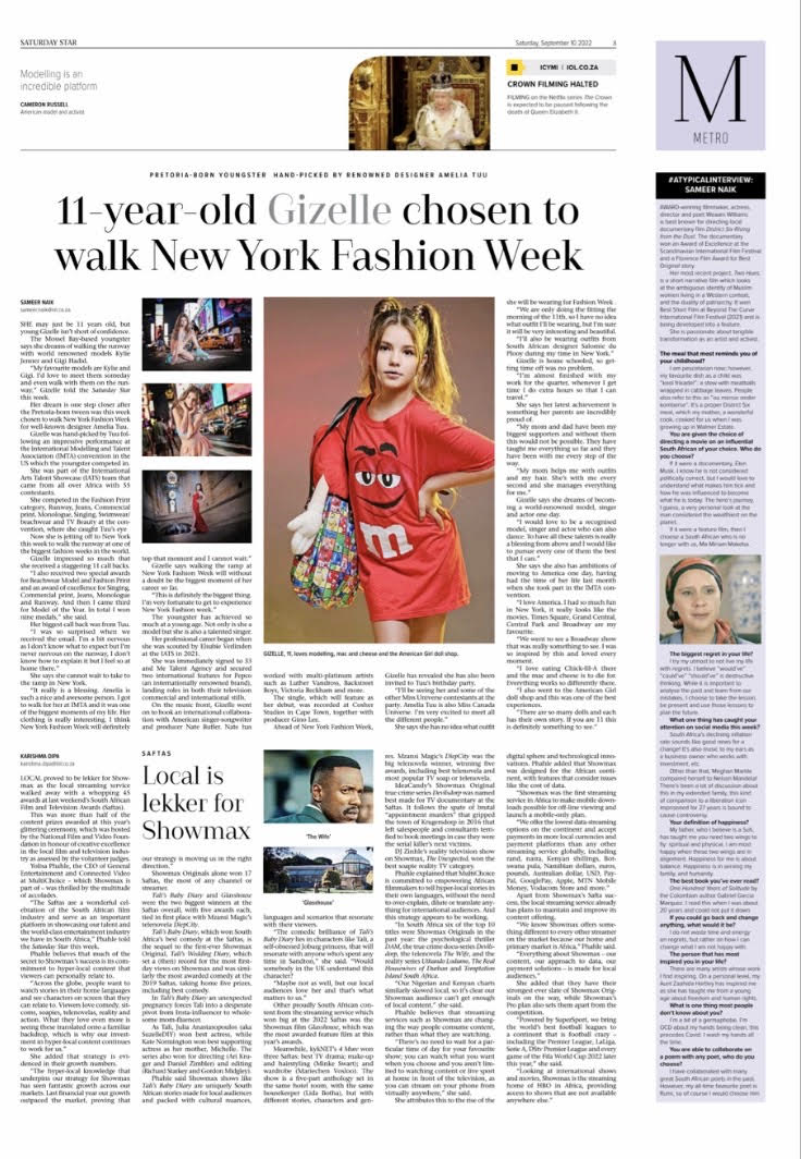 SaturdayStar's tweet photo. #Entertainment: Walking in New York Fashion Week going to be a dream come true for 11-year-old Mossel Bay born model, Gizelle [also] #ATYPICALINTERVIEW: @SamNaik01 asks  award-winning director @WeaamWilliams some offbeat questions #SatStar https://t.co/BaveAYpPcK
