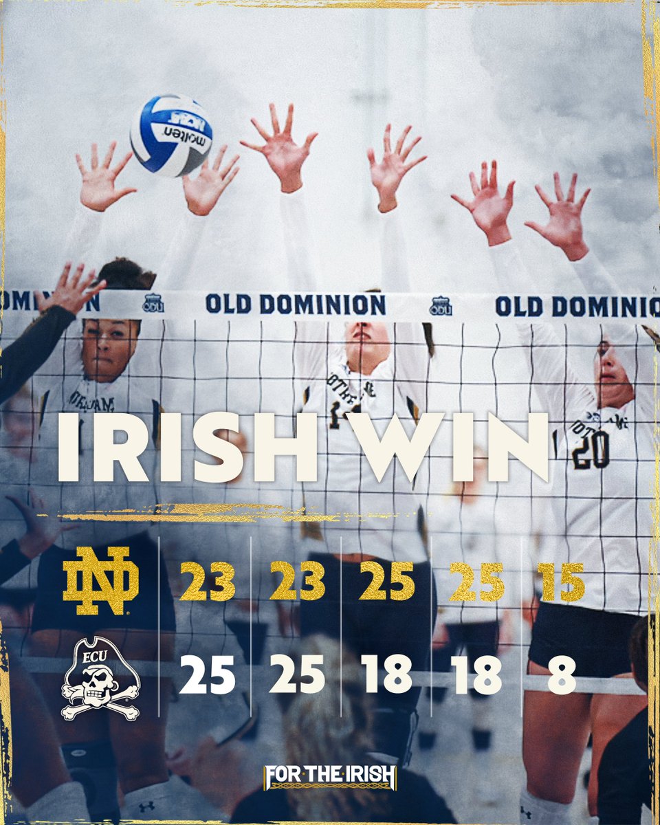 NDvolleyball's tweet image. ᴄᴏᴍᴇʙᴀᴄᴋ ᴄᴏᴍᴘʟᴇᴛᴇ ✔️

Irish take down East Carolina 3-2 in the opening match of Quest for the Crown! Notre Dame is back in action at 7:00 tonight against Old Dominion. 

#GoIrish☘️