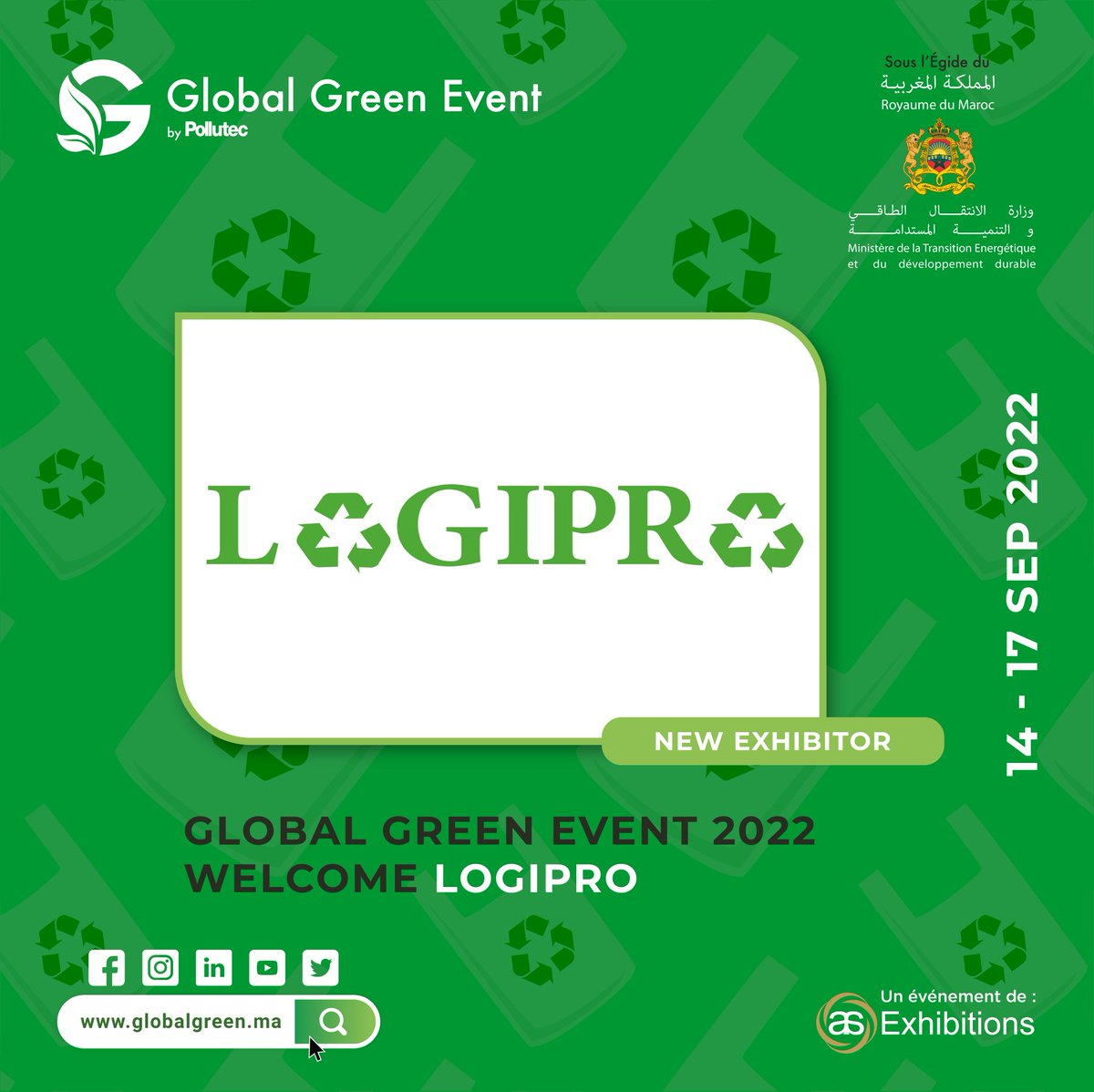 Global Green Event (@pollutecmaroc) on Twitter photo We would like to introduce you to our new exhibitor LOGIPRO who exhibits on the Global Green Event by Pollutec #GGE - from ππ ππ¨ ππ πππ©πππ¦πππ« ππππ at the MOHAMMED VI Exhibition Centre ( in front of the Mazagan Beach Resort)
Register : badge.globalgreen.ma We would like to introduce you to our new exhibitor LOGIPRO who exhibits on the Global Green Event by Pollutec #GGE - from ππ ππ¨ ππ πππ©πππ¦πππ« ππππ at the MOHAMMED VI Exhibition Centre ( in front of the Mazagan Beach Resort)
Register : badge.globalgreen.ma