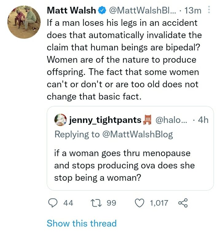 RT @Womenlover420: Matt Walsh quote tweeted Jenny tightpants https://t.co/miUkNw6Phn