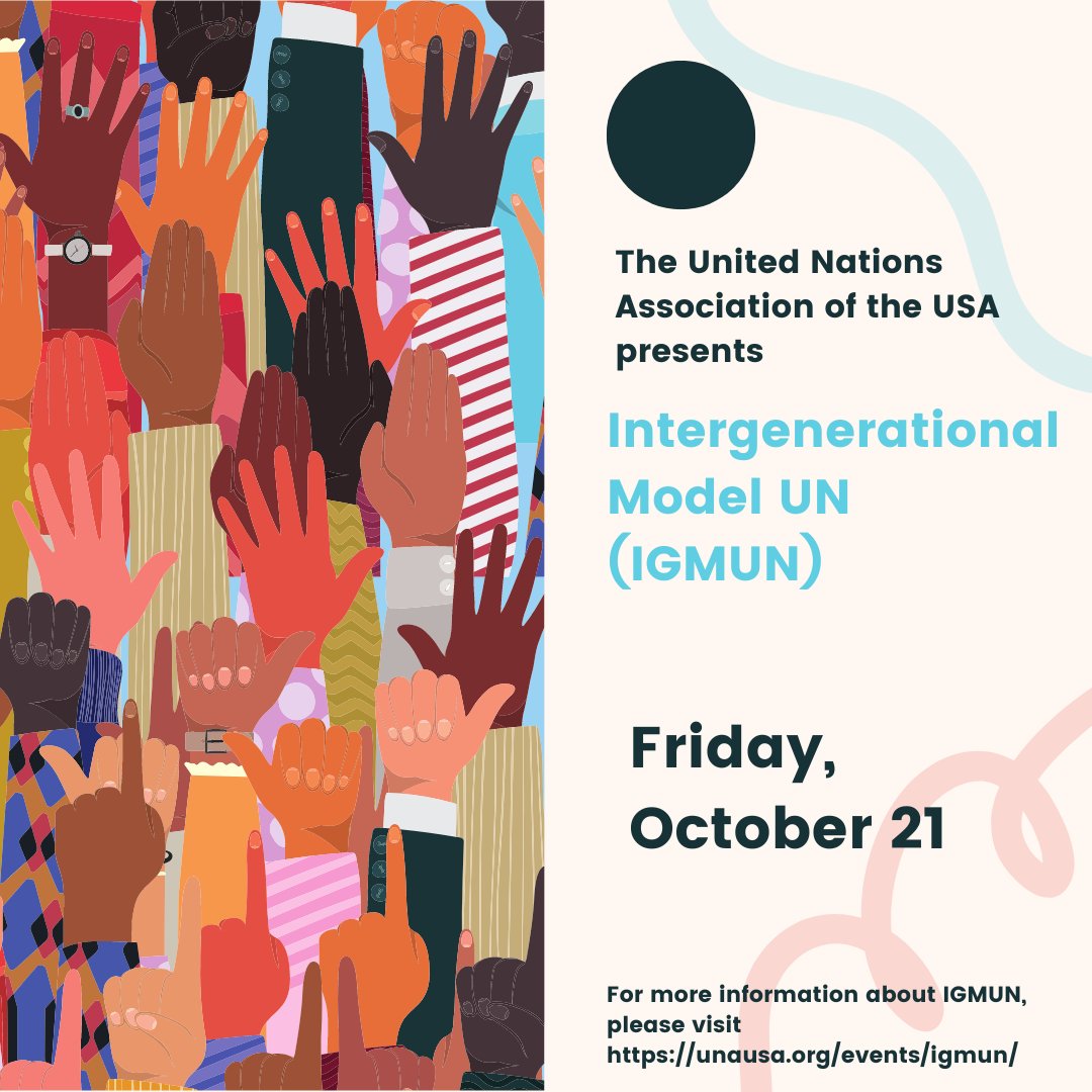 Registration is OPEN➡️ bit.ly/IGMUN22

This year, UNA-USA is celebrating UN Day virtually by hosting our first InterGenerational Model UN on October 21st, and you’re invited! 🥳 Join in for a day full of learning, debating, and compromising!