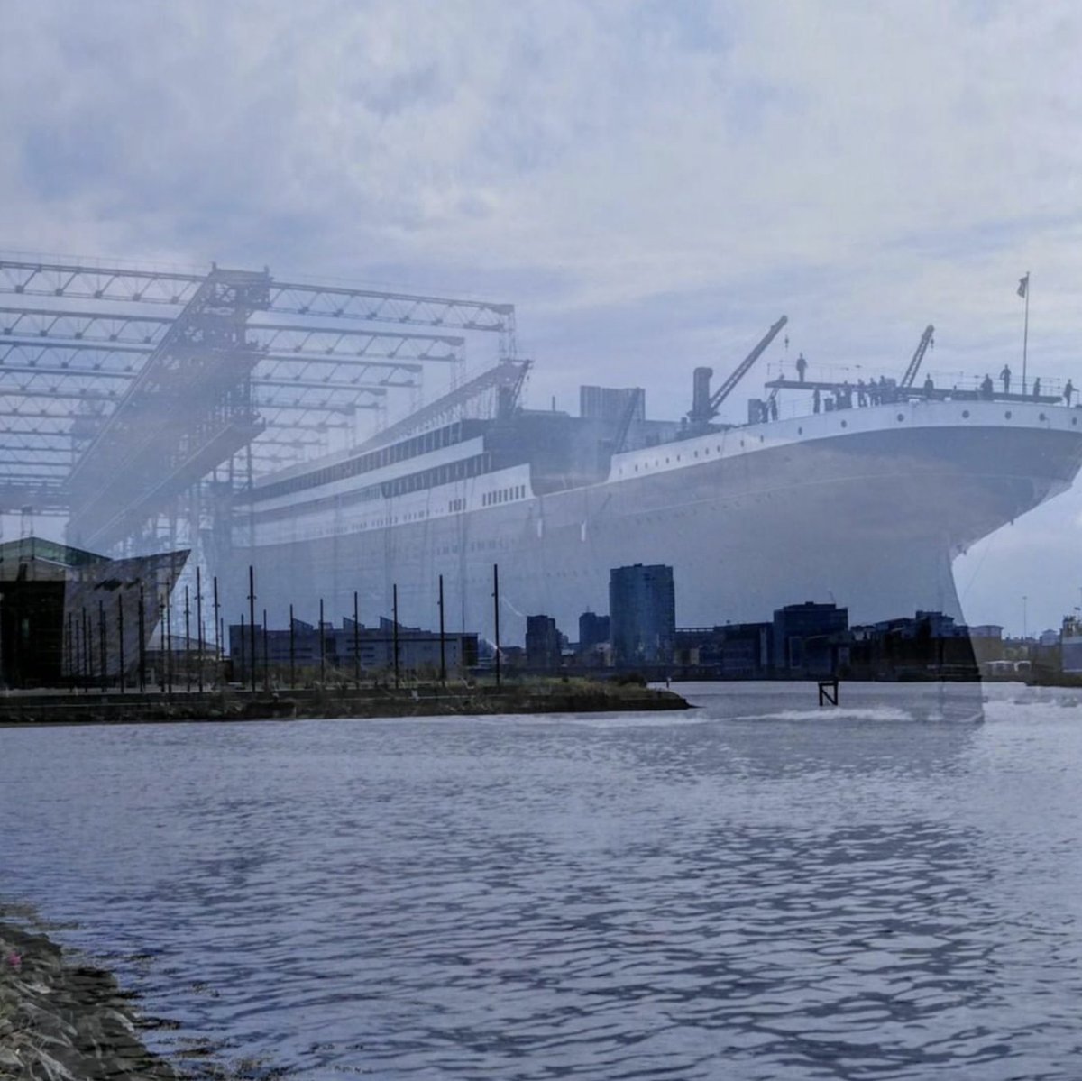 At 12.05pm two rockets were fired, followed by a third at 12.10pm. At 12.13pm the 26,000 ton hull started down the shipway under its own weight. The entire launch process took 62 seconds. Photomontage of Titanic on slip No.3. #Titanic