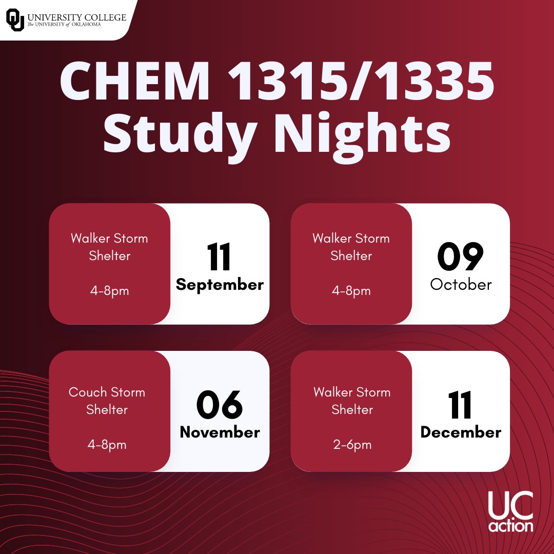 Join us this Sunday for our first CHEM 1315 and CHEM 1335 Study Night! Check out your Canvas page to learn more! #UCActionStudyNights #CHEMTutoring