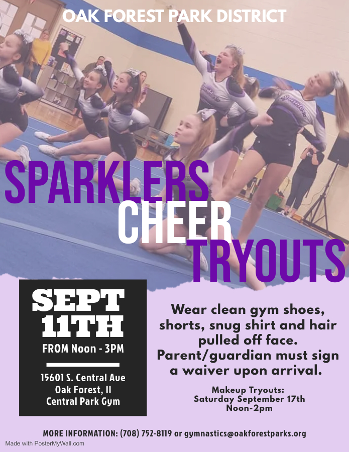 OakForestParks's tweet photo. We are so excited Sparklers Tryouts are this Sunday September 11th, Noon to 3pm. We will be in the main gym located at 15601 S. Central. Parents will need to come in to sign a waiver. https://t.co/nQ1PzjbWga