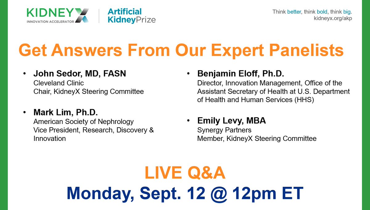 Kidney_X's tweet image. Whether you're new to KidneyX or a previous winner, we're sure you have questions about Phase 2 of the #ArtificialKidneyPrize. Join us on Sept. 12 at 12pm ET and get all your questions answered in our live Q&amp;amp;A us06web.zoom.us/webinar/regist…