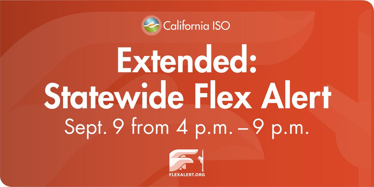 Keep up the good work, everybody! But we face yet another day of hot temperatures throughout the state. Reducing energy use is essential to preventing rotating #poweroutages. Pls participate in today’s #FlexAlert from 4-9 p.m. to help keep the grid stable.