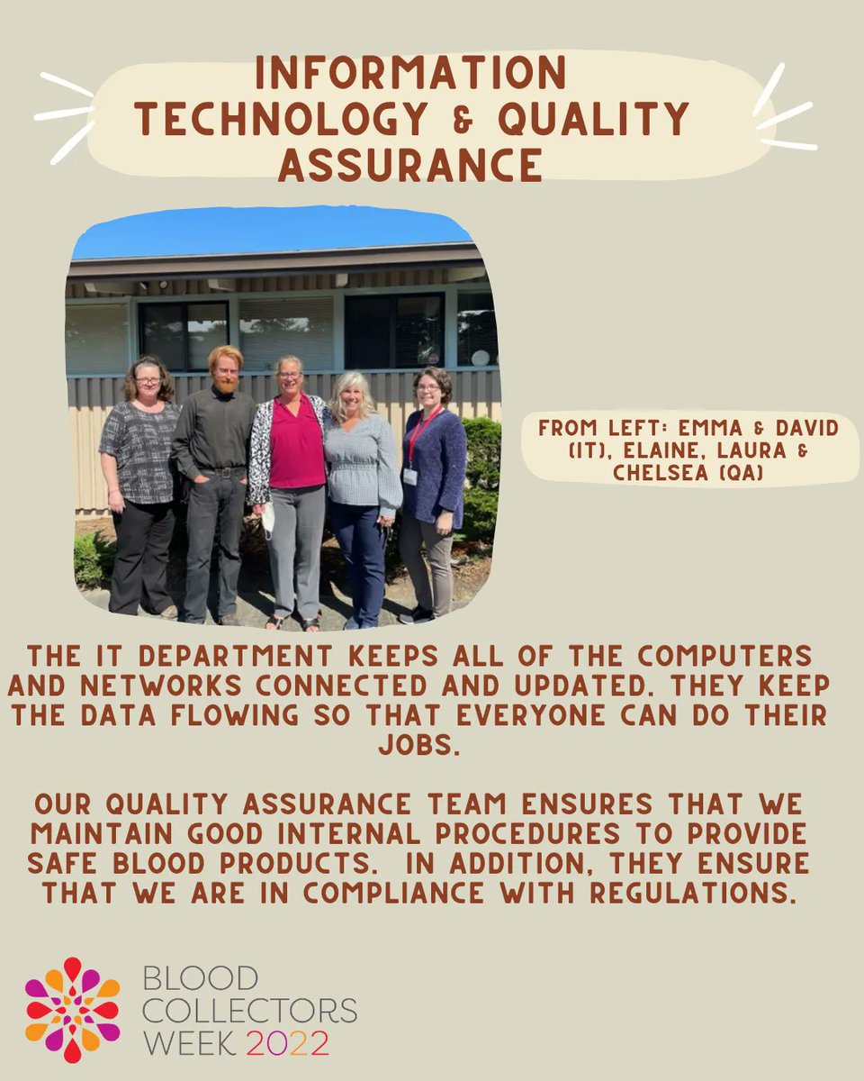 NCCBB's tweet photo. Meet our Quality Assurance and Information Technology Department staff!
#BloodCollectorsWeek
#herosworkhere
#blooddonorssavelives https://t.co/0CaFId0wPA