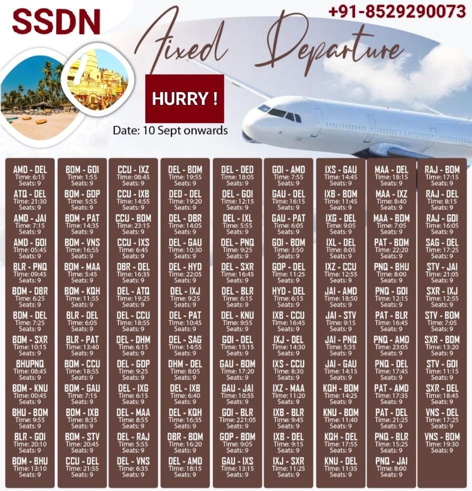 ssdn_online_ser's tweet photo. Domestic Fixed Departure's Available

10th Sep Onwards

✈️ Book Now ✈️
#flights #cheapflights #cheapflighttickets #sasta #sastifying #cheap #flightticket #flightreacts #fixeddepartures #fd #Avgeeks 

𝐒𝐒𝐃𝐍 𝐎𝐍𝐋𝐈𝐍𝐄 𝐒𝐄𝐑𝐕𝐈𝐂𝐄𝐒
𝐌𝐎𝐁 𝐍𝐎. - +𝟗𝟏-𝟖𝟓𝟐𝟗𝟐𝟗𝟎𝟎𝟕𝟑 https://t.co/AF50MprUsY