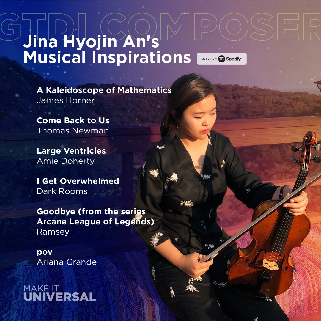 makeituniversal's tweet photo. Be sure to check out this current GTDI Composer Program participant's #universalsounds playlist to see what tunes inspire her work to this day! Link: https://t.co/Kmr3fw1Hw8 #MakeItUniversal #FilmComposers (2/2) https://t.co/ErfRCJlHrd