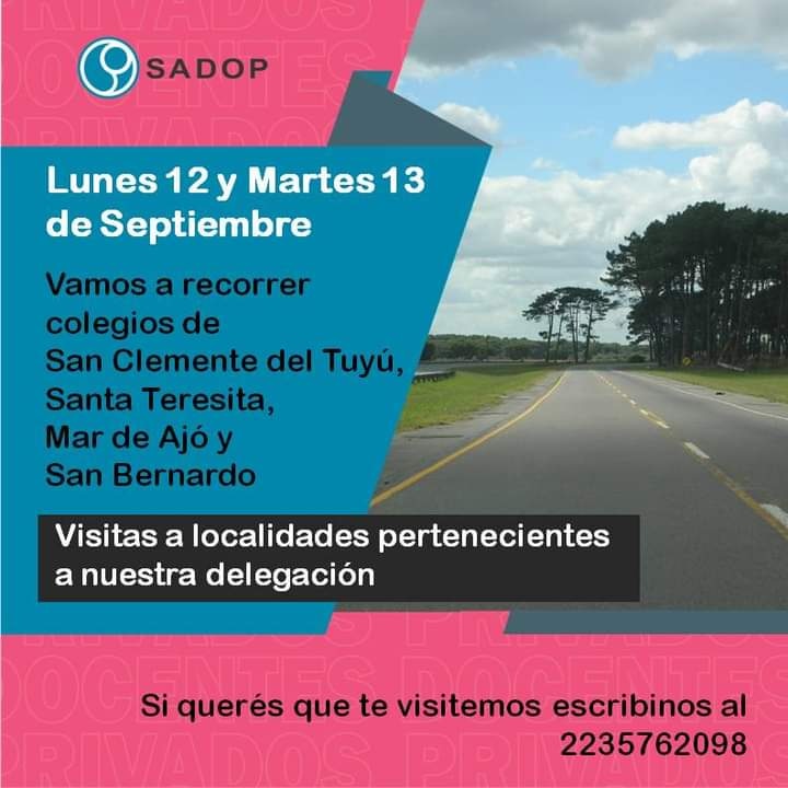 sadopmdp's tweet photo. #SecretariaDeInterior
Este lunes 12 y Martes 13 de Septiembre vamos a realizar visitas a distintas localidades pertenecientes a nuestra delegación.
🤝 Afiliate a SADOP aquí 👇
https://t.co/OavM0jWcDx
#SomosSADOP https://t.co/nzQlyZ3c5I