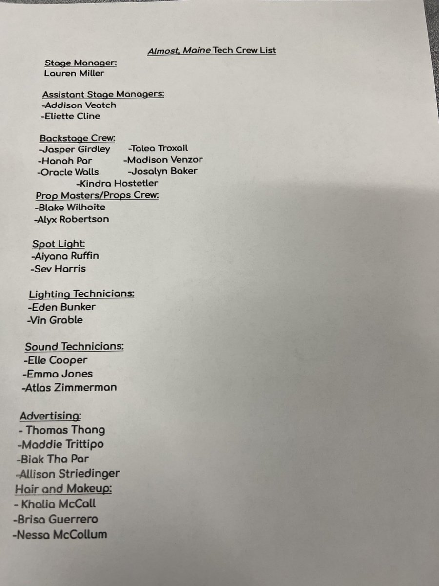 pmhs_presents's tweet photo. Cast/Crew List for Almost, Maine. Congratulations to everyone! https://t.co/DQHVOBd0Q1