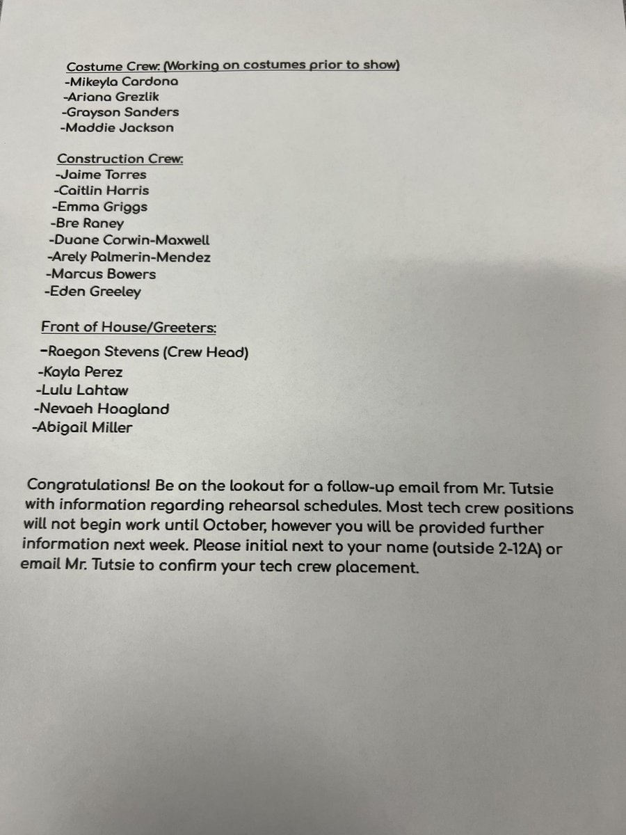 Cast/Crew List for Almost, Maine. Congratulations to everyone!