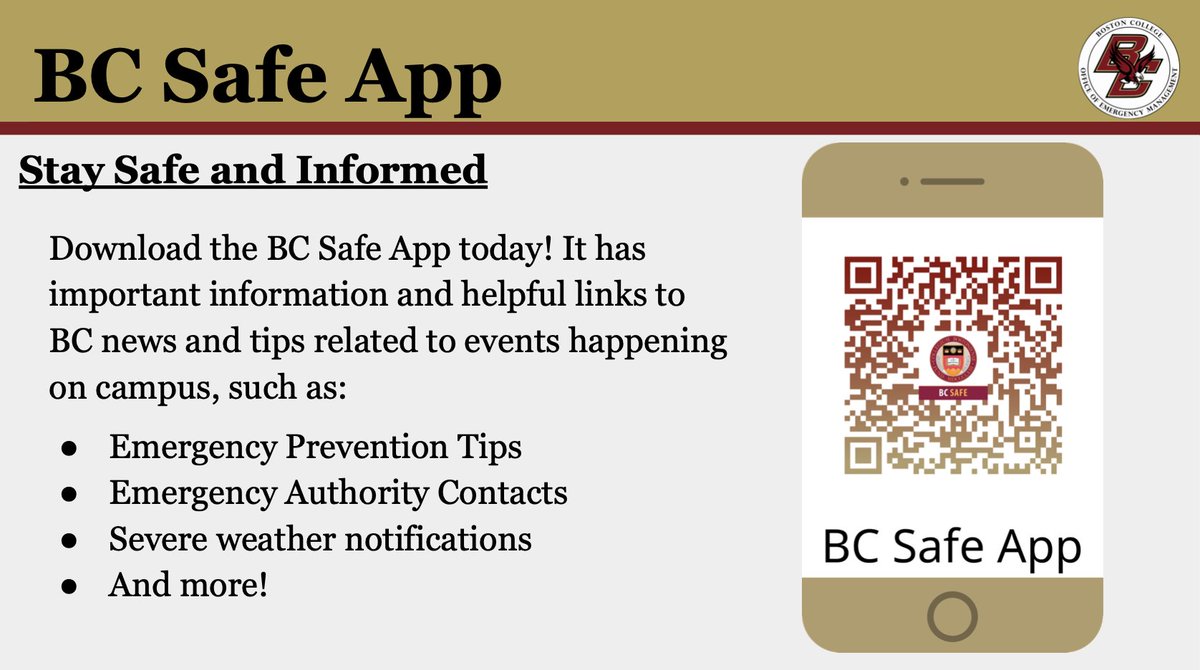 BC_OEM's tweet photo. One of the best ways to be informed on campus is by downloading the BC Safe App. It's available on the App Store and Google Play Store, and has tons of useful features and emergency notifications that can help you stay #prepared and #safe! #nationalpreparednessmonth #beinformed https://t.co/BXfy93lnQD