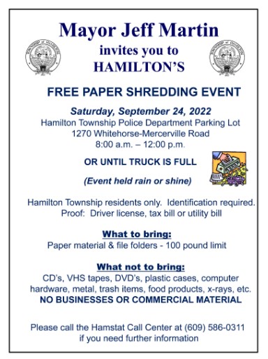 Don't forget today is Hamilton Township's final Free Paper Shredding Event for 2022