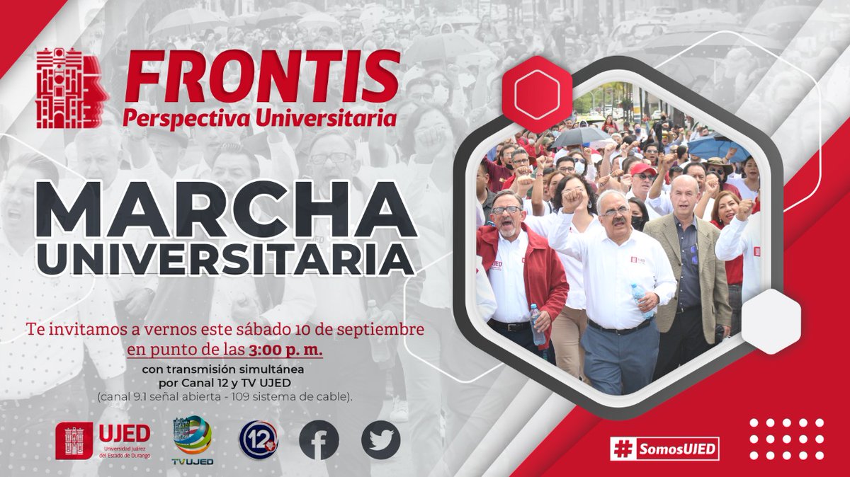 UJED_Oficial's tweet photo. #UJEDInforma Mañana SÁBADO es día de #FRONTIS a las 15:00 horas por @Canal12Dgo y @TelevisionUjed. #SomosUJED
#MarchaUniversitaria #ParoLaboralUJED https://t.co/NPWyQ0k35z