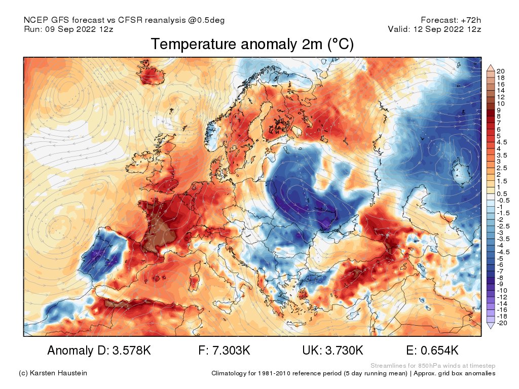 Lundi, journée la plus chaude de l'épisode de très fortes chaleurs, les températures seront plus de 10°C supérieures aux normales dans l'ouest.
Localement jusqu'à 38°C envisageable, soit au niveau des records pour un mois de septembre. 