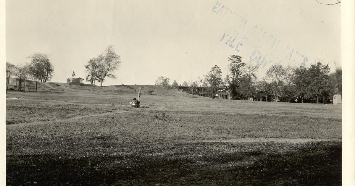 Meridian Hill, probably in the 1920s, with the Dante and Joan of Arc statues in place but no cascade or retaining walls.  facebook.com/photo/?fbid=44…