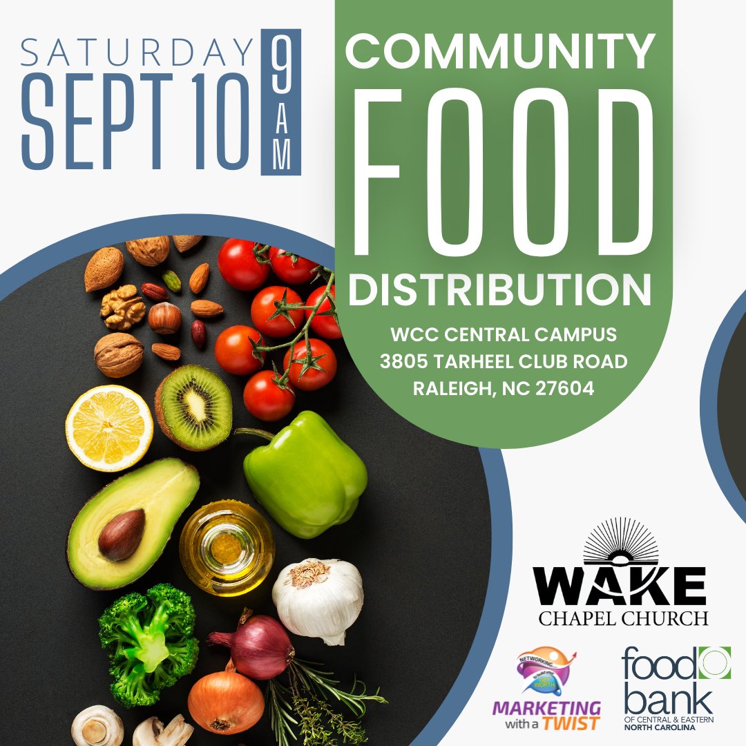 Our monthly Community Food Distribution is taking place tomorrow, Sept 10, 2022 at 9am! 
#WCC #WakeChapelChurch #Community