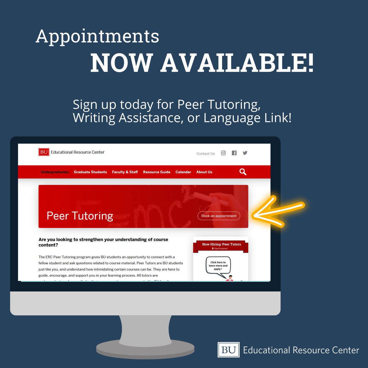 BU ERC (@buerc) on Twitter photo Fall appointments are now open for Peer Tutoring, Writing Assistance, and Language Link! Visit bu.edu/erc, select which service you'd like, then click "Book an appointment" to view availability in TutorTrac. We look forward to seeing you soon! Fall appointments are now open for Peer Tutoring, Writing Assistance, and Language Link! Visit bu.edu/erc, select which service you'd like, then click "Book an appointment" to view availability in TutorTrac. We look forward to seeing you soon!