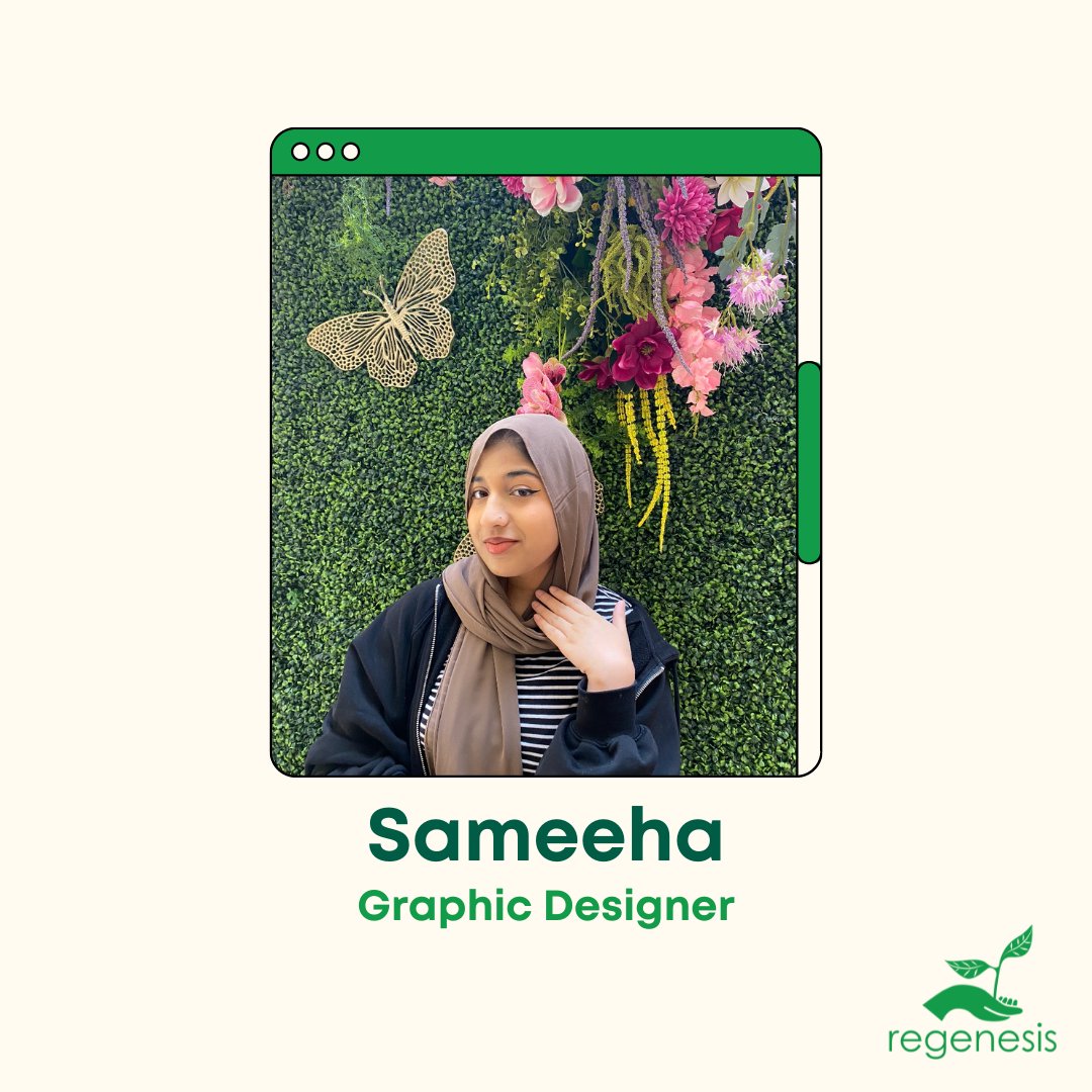 regenesiscanada's tweet photo. Meet our team!
Sameeha Sheikh
Sameeha recently joined our team as our graphic designer! She recently graduated &amp; has been working for youth-led non-profits. Sameeha also helped with the rebrand of @greencareerca and has been involved with various initiatives across Regenesis. https://t.co/fCH4Omyi0T