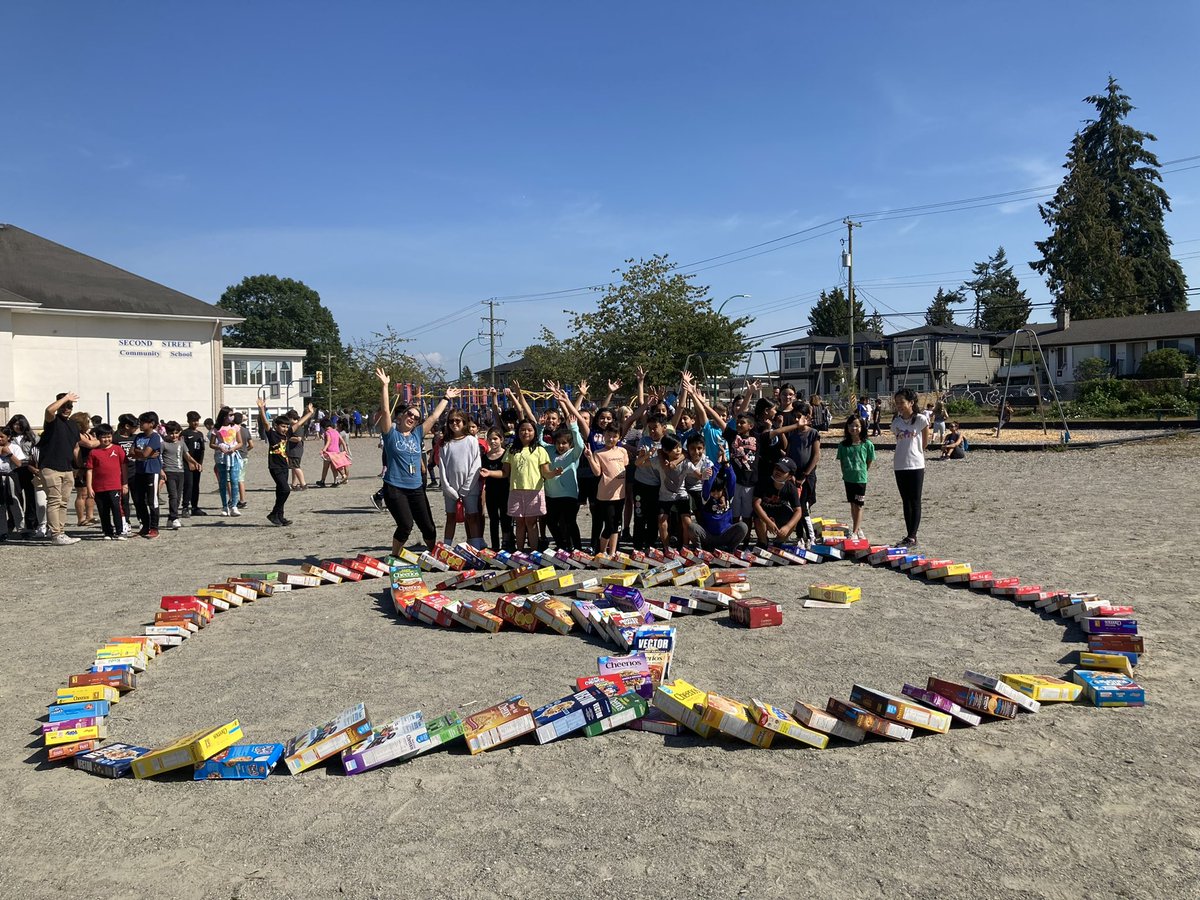 secondstSD41's tweet photo. Our opening school theme: “Connections”! To self, community and to nature. Inspired by “ Ordinary Mary’s Extraordinary Deed”, we collected 132 boxes of cereal for food bank, to connect to #community Did dominoes w them. Whole school counted down! #payitforward #togetherstrong https://t.co/Vj5rucSTZK