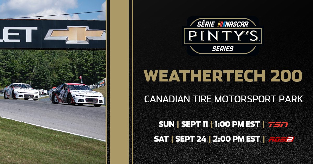 BROADCAST ALERT 📺

Set your alarms and get ready to watch the #WeatherTech200 on <a href="/TSN_Sports/">TSN</a> this weekend‼️

🗓️: Sunday, September 11, 2022
⏰: 1:00 p.m. ET

#NASCARPintys | <a href="/CTMPOfficial/">CTMP</a>