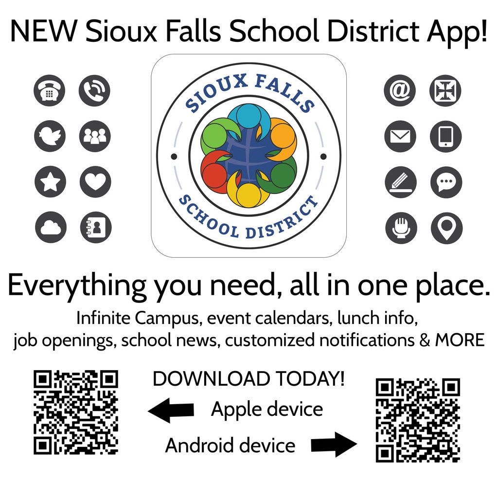 SFSchools's tweet photo. The Sioux Falls School District has a new app! Instant access to Infinite Campus, event calendars, lunch menus, school news and MUCH more! It's free, and it's available for all devices. https://t.co/8qKVMLV48s