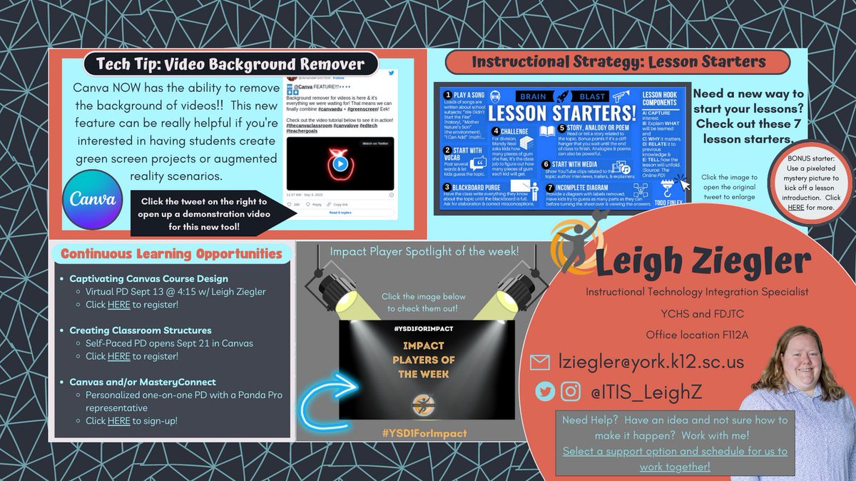 Check out this week's instructional tech snapshot!
💻Ed tech tool: video background remover in Canva
🏫Instructional tool: lesson starters
🔦Spotlight on #YSD1ForImpact Players
<a href="/York1YCH/">York Comprehensive High School - YCHS</a> <a href="/York1Schools/">York 1 Schools</a> <a href="/York1Learns/">YSD1 Professional Learning</a>
canva.com/design/DAFLjyD…