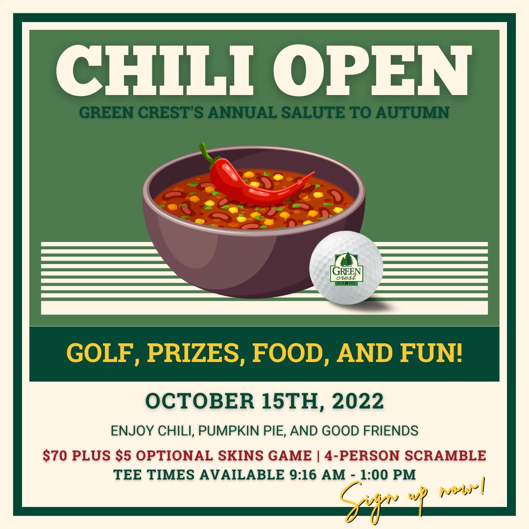 Our annual Chili Open Scramble is here! Call 513-777-2090 to sign up or visit the pro shop!🌶️⛳