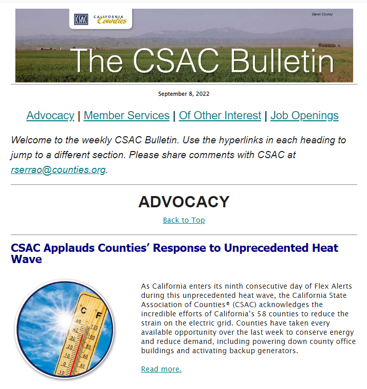 CSAC_Counties's tweet photo. Inside this week's #CSACBulletin:
✒️@CAgovernor Amends 2022 Budget Act &amp; What That Means for #CACounties
⚕️New #Monkeypox Guidance
✋Last Call for @NACoTweets Steering Committee Appointments
🐤Get Your Early Bird Tickets for Our 128th #CSAC Annual Meeting
https://t.co/X6DbPVlmHO https://t.co/sKa15clfOp