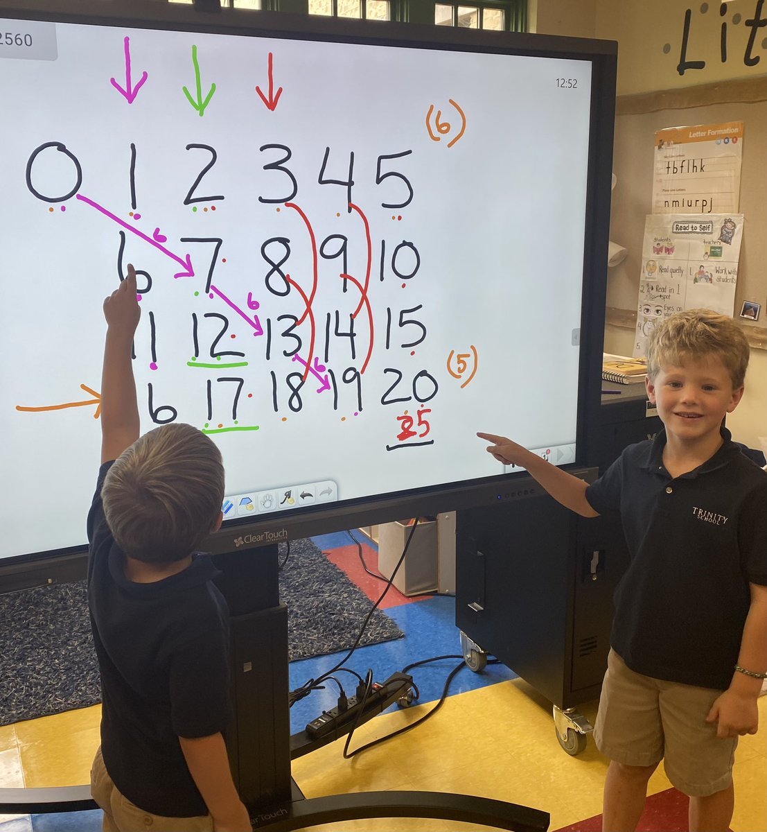 Our 1st Choral Count. K s’s see patterns, count on, use math vocabulary like rows/columns, and are brave mathematicians sharing what they notice!! #trinitylearns