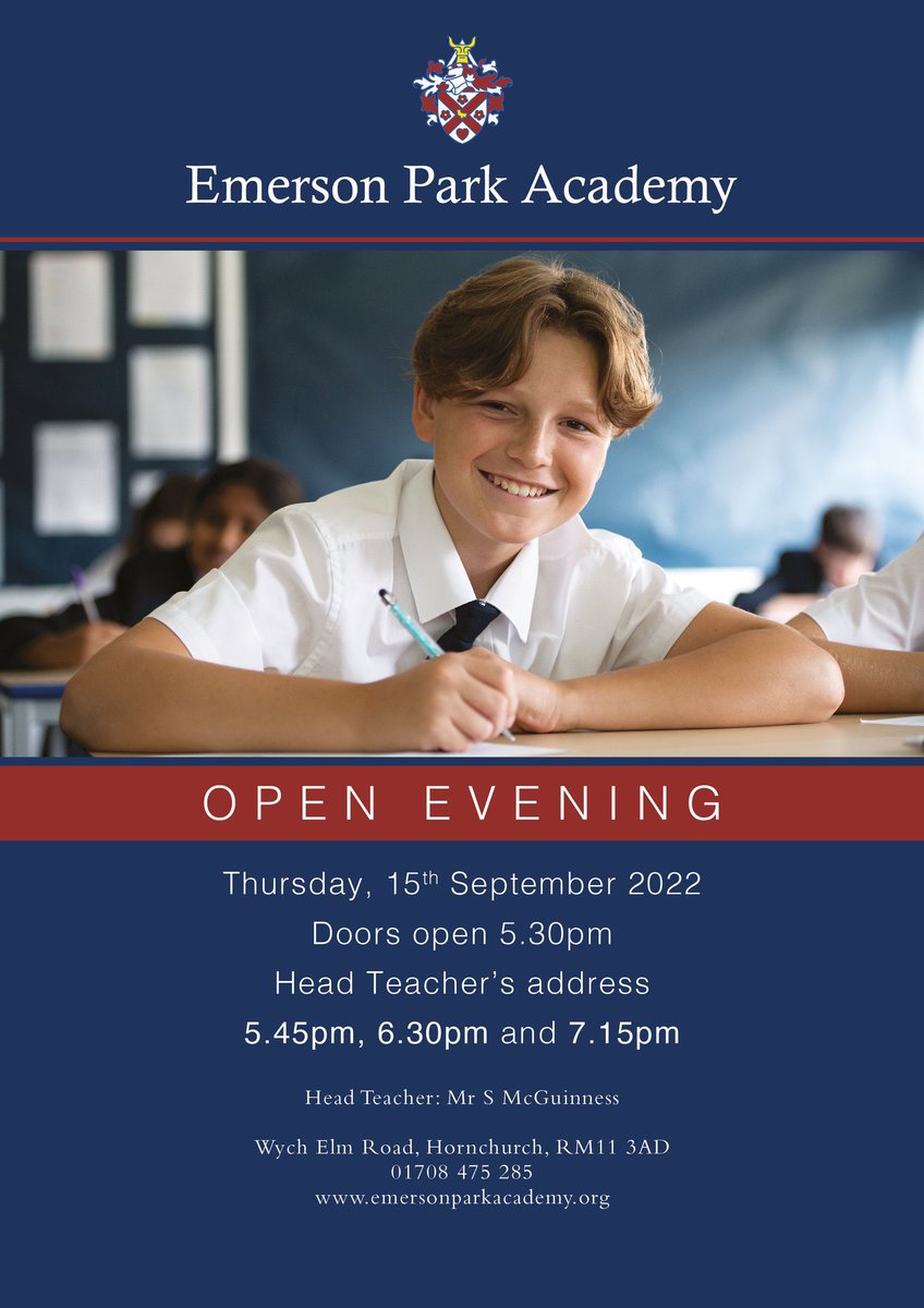 Our Open Evening will take place on Thursday 15th September from 5:30pm.
Headteacher's address will take place at 5:45, 6:30pm and 7:15pm. 
#HaveringSchools #emersonparkacademy   #education <a href="/RomfordRecorder/">Romford Recorder</a> <a href="/Time1075_fm/">Time 107.5</a>  <a href="/LBofHavering/">Havering Council</a> <a href="/HaveringDaily/">The Havering Daily</a> <a href="/HornchurchLife/">Hornchurch Life</a>  #success