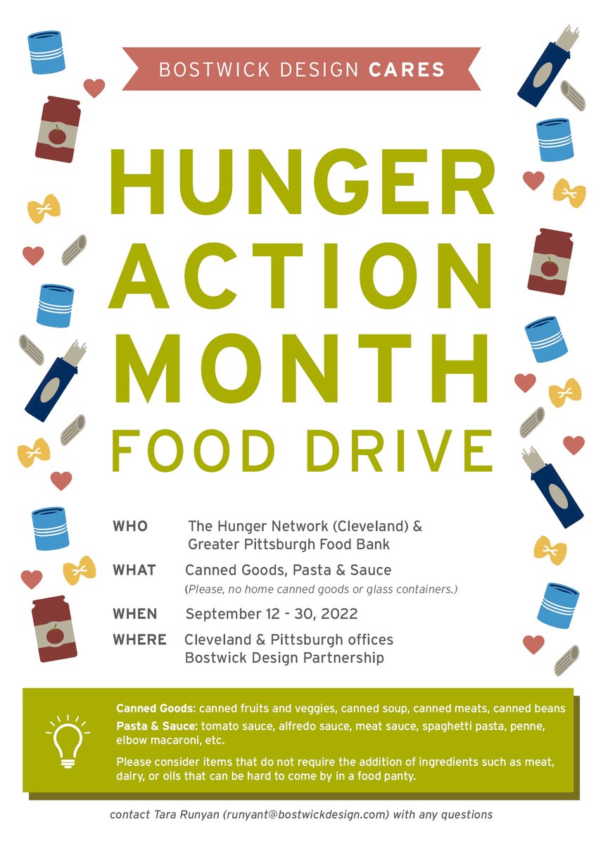 Bostwick Design Partnership is proud to support the communities where we live and work. Our Bostwick Design Cares group will be collecting donations through the end of September at our Cleveland and Pittsburgh offices.