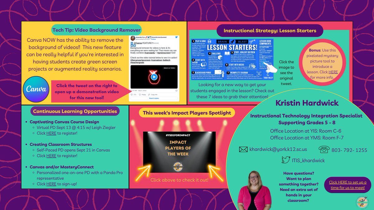 Check out this week's Instructional Tech Snapshot for some tech tips &amp; instructional strategies that are being shared 
<a href="/York1Schools/">York 1 Schools</a>
! Don't forget about the #YSD1ImpactPlayers spotlight too! #YSD1ForImpact 
<a href="/York1Learns/">YSD1 Professional Learning</a> canva.com/design/DAFLdSq…