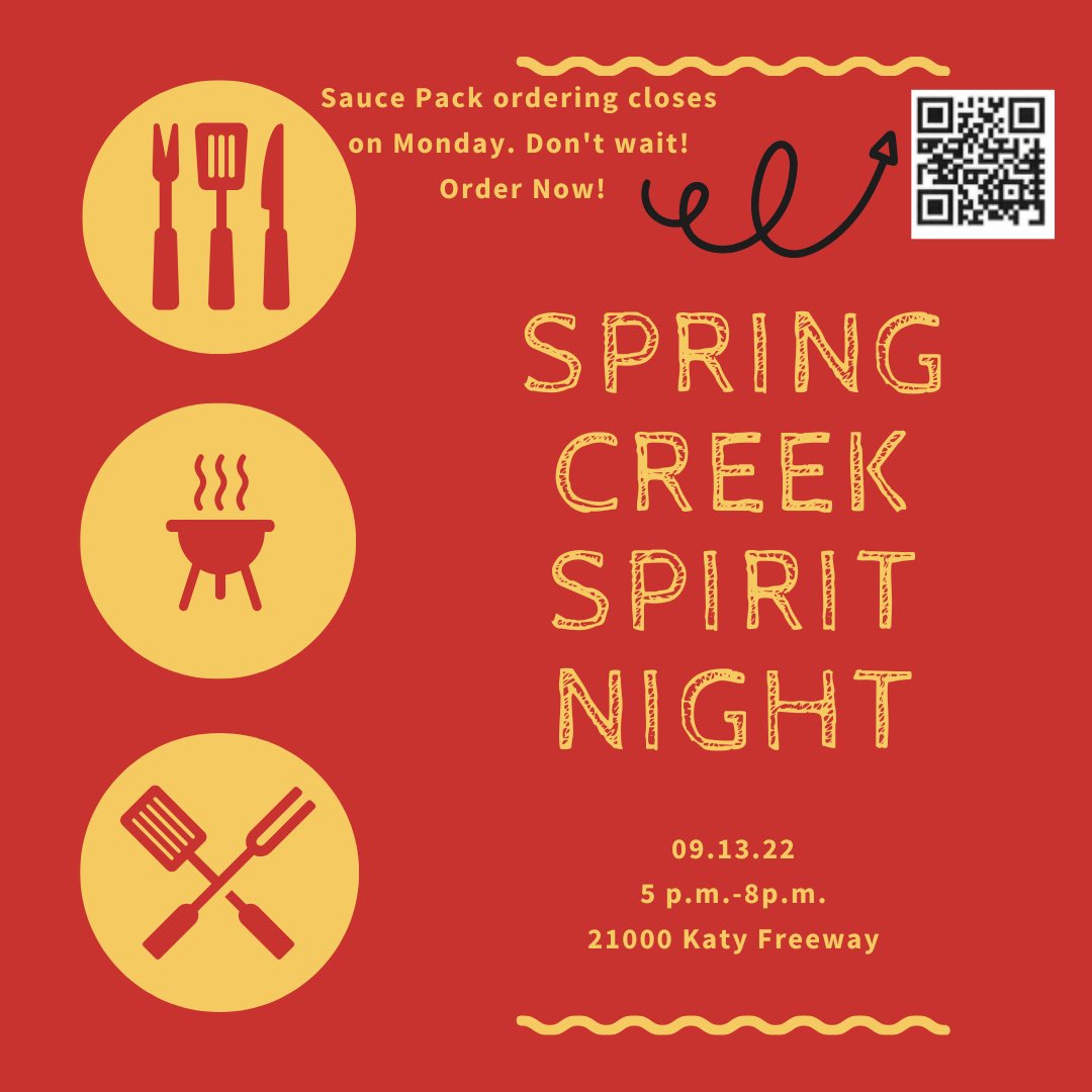 PattisonElemen1's tweet photo. Don’t forget to order a ⁦@SpringCreekBBQ⁩ sauce pack! See you at spirit night! 🥳 https://t.co/7HEcJVKnIl