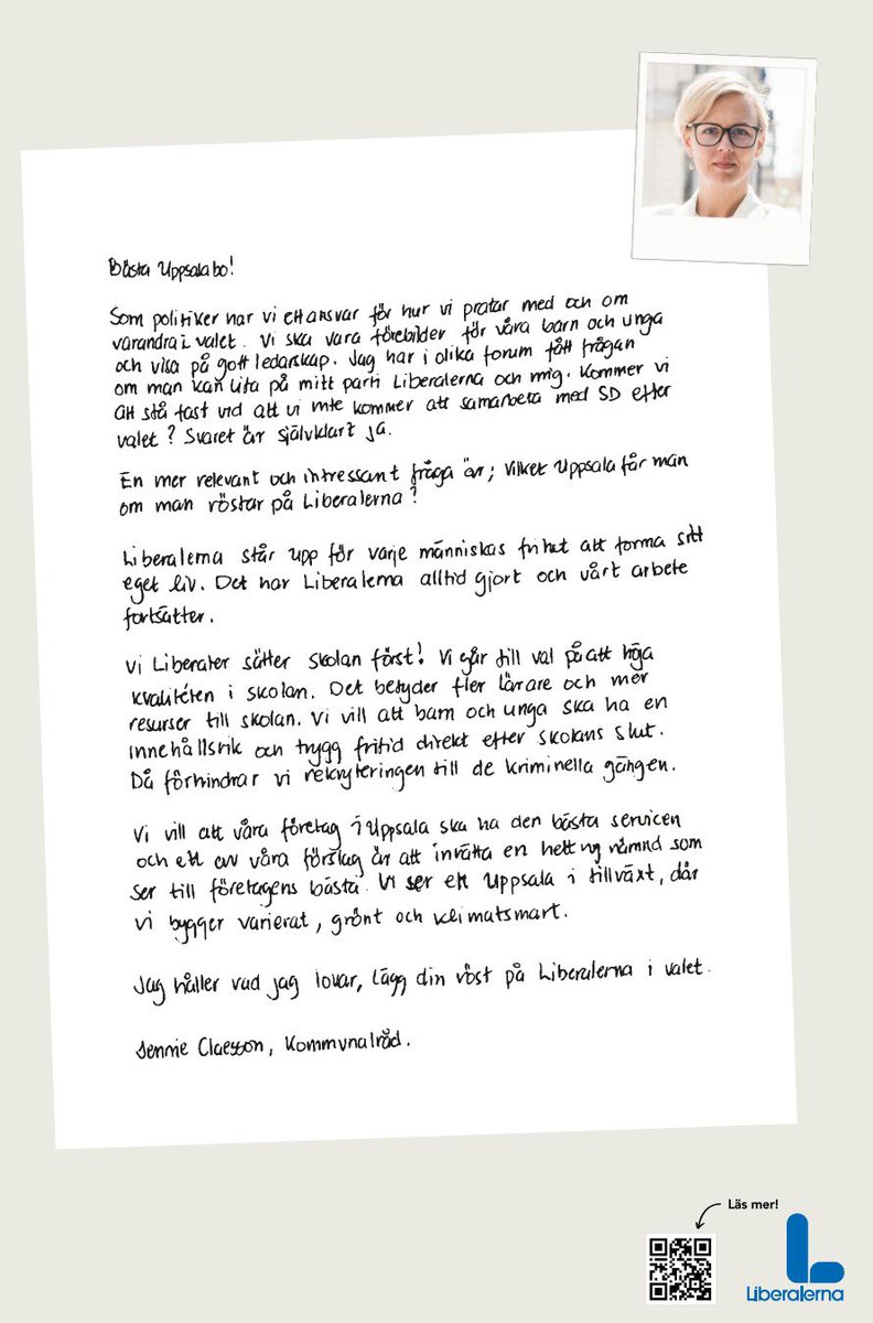 <a href="/janjoensson/">Jan Jönsson</a> Bra!
Samma besked gav <a href="/Lib_Uppsala/">Liberalerna Uppsala</a> för ett tag sedan och som <a href="/jenniecla/">Jennie Claesson</a> manifesterade i en annons häromdagen.