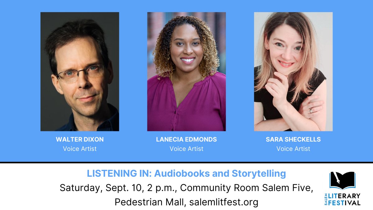 TOMORROW! FREE! 2 p.m. <a href="/SalemFive/">Salem Five</a> community room on the Pedestrian Mall in #salem. Join audiobook narrators <a href="/LaNecia_Edmonds/">LaNecia Edmonds</a> &amp; <a href="/DixonVoice/">Walter Dixon</a> &amp; @SaraSoundsVO for LISTENING IN: Audiobooks and Storytelling. Register at salemlitfest.org.