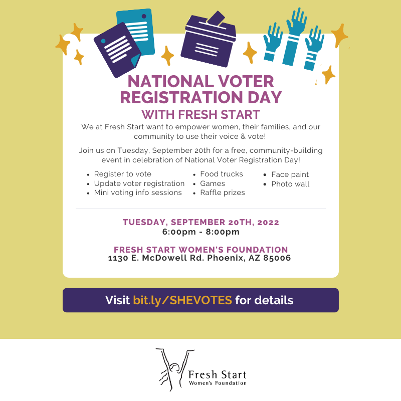 FreshStartWomen's tweet photo. Voting is empowerment! 🗳 We are so thrilled to host our first-ever #NationalVoterRegistrationDay celebration at Fresh Start!

Join us for this free, family-friend community event!

📋 Register to vote 
🍴 Food trucks
🎟 Games
🎨 Crafts &amp; face painting

🔗https://t.co/ek2XunO6Cj https://t.co/wL23vg4G1t