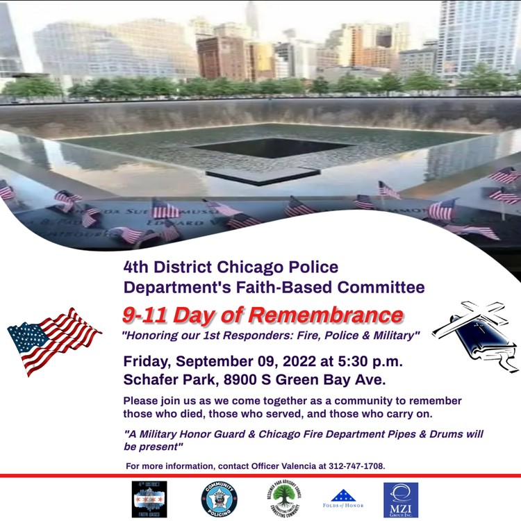 weprayfor4's tweet photo. Join us TONIGHT for our 9-11 Remembrance Ceremony at 5:30 pm.

Directions: 87th Street East to Mackinaw 

Make a right 

Drive 2 blocks South. Schafer Park will be on your left.

** Free street parking is available ** https://t.co/mSs4NUTBhf