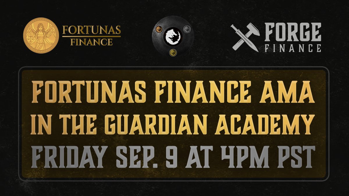 ForgeBSC's tweet photo. Today at 4pm PST / 7pm EST we will be Co-Hosting an AMA in @TheGuardianAcad with the team from @FortunasFinance !

We will be giving away @WolfDenLabs Wolf Pup #NFTs!

If you're a part of the Discord, join the AMA and participate by asking a question to enter into the giveaway! https://t.co/eNbqiY08Az