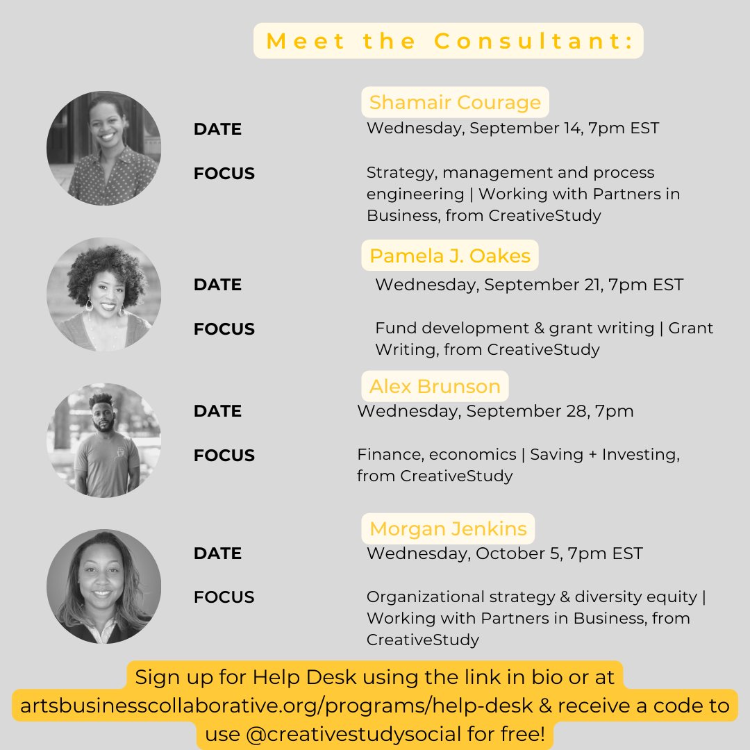 artsbizcollab's tweet photo. Help Desk begins next week!
Visit, https://t.co/gZVMo7yYdD, for more details and to register (or use link in bio).

#helpdesk #probono #strategy #advice #poc #entrepreneurialcreatives  #artsempowerment  #artsandculture   #entrepreneur https://t.co/rhylzTQuz5