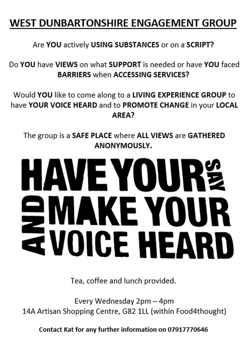 The SDF living experience group is moving premises from Dalmuir to Dumbarton as of 21st September and becoming the West Dunbartonshire Engagement group. The group will now be held weekly within Food4thought at 14a Artizan Centre, in Dumbarton High Street.