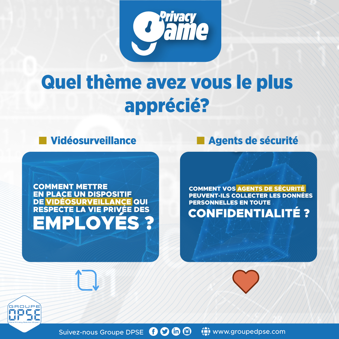 GroupeDPSE's tweet photo. #PrivacyGame | Certes, nous sommes vendredi, et dit-on, “vendredi, on ne donne pas conseil”. 

Donnez-nous vos impressions concernant ces 02 thèmes

1.https://t.co/5L1GPxLUPc
2.https://t.co/SIFXT27V3j

#GroupeDPSE #DonnéePersonnelle #Vidéosurveillance #AgentDeSécurité #ViePrivée https://t.co/kNl7K5ZMMs