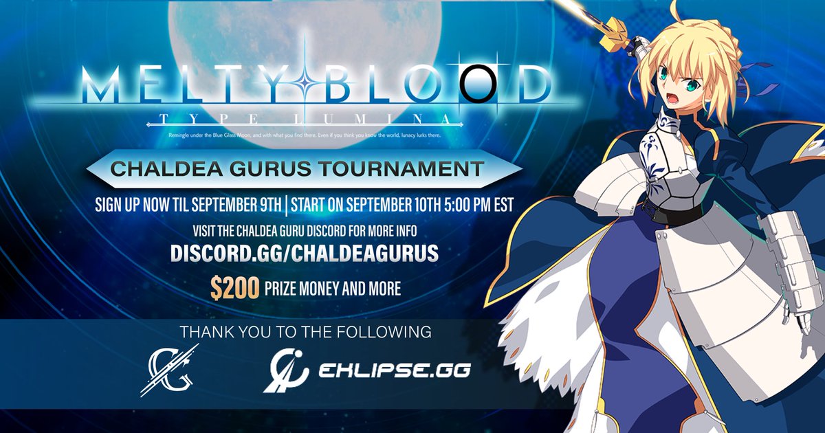 ChaldeaGurus's tweet photo. LAST CALL FOR MELTY BLOOD TOURNAMENT! Sign ups and drops CLOSE @ 11:59 PM EST TODAY! 

And for those of you who only want to watch the tourney, we’re giving out a total of $50 dollars throughout the stream! See you there!!
https://t.co/C8NFPsPckl
@Eklipse_gg #CGMB #MBTL https://t.co/WK7l6iPxib