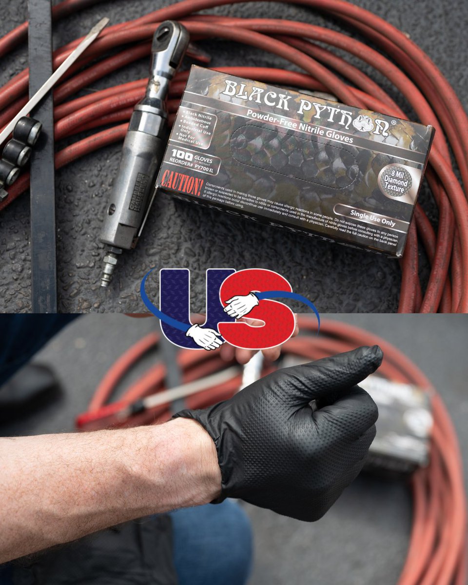 UnisafeGloves's tweet photo. Black Python 8 mil heavy duty disposable nitrile gloves are the #1 choice for automotive and industrial applications due to their raised diamond texture, awesome strength, and epic dexterity. Heck, they even look hardcore. 😎

#unisafeinc #unisafegloves #nitrilegloves #nitrile https://t.co/NxTzU0596f