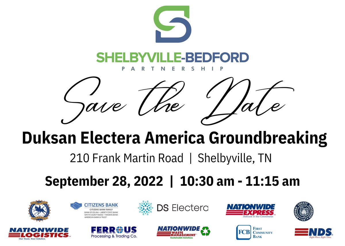 Great news for Shelbyville-Bedford! 100+ new jobs, new skills and exciting new opportunity coming to the area with the construction of Duksan Electera’s $95 million electrolyte manufacturing plant. To RSVP email kate@shelbyville-bedford.com. #ProsperityThroughPartnership