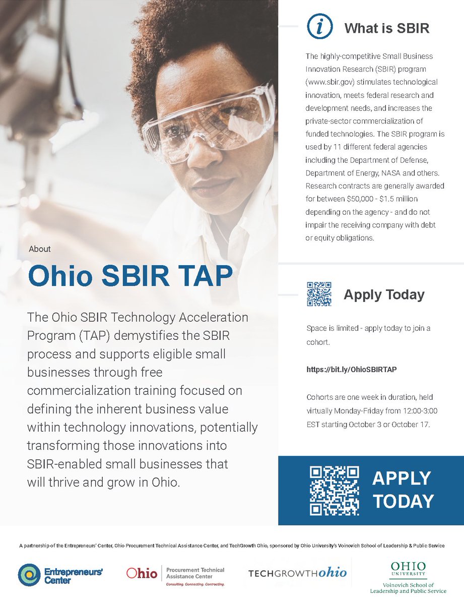 OUInnovationCtr's tweet image. Small businesses with tech innovations--check out the Ohio SBIR TAP. The program will demystify SBIR process and help define the company's inherent business value. Full details below. bit.ly/3Daa0Rn