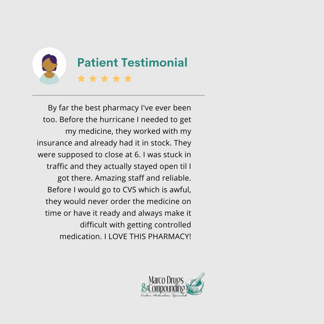 marcodrugs's tweet photo. We love going the extra mile for our patients. We’re always here for you and your family whenever you need us!
#testimonial #happypatient #compounding #compoundingmedicine https://t.co/suuUyybHkq